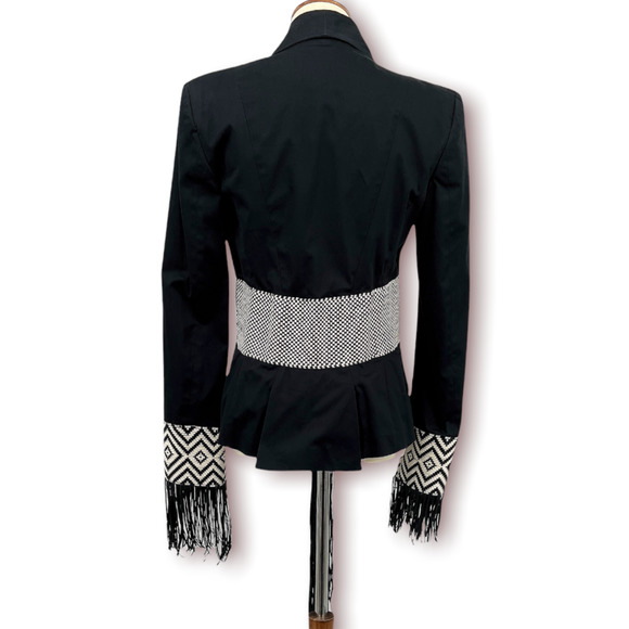 Voyage Italian Black White Geometric Woven Fringe Blazer US 8 IT 44 Designer - Picture 10 of 12